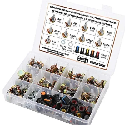 Image de 45 Pcs Kit Potentiomètre,(B1K B5K B10K B20K B50K B100K B250K B500K B1M）Linéaire Rotatif Potentiomètre, Potentiomètre Rotatif, Linéaire 3 Bornes