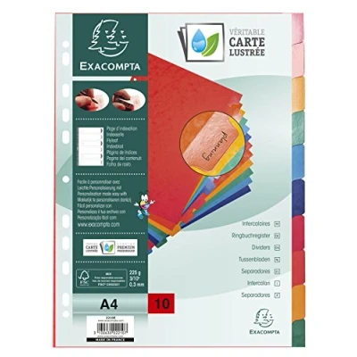 Image de Exacompta Réf. 2210E Intercalaires en carte lustrée 225g/m2 FSC® avec 10 onglets neutres couleurs renforcés et plastifiés Bande de perforation renforcée Format à classer A4