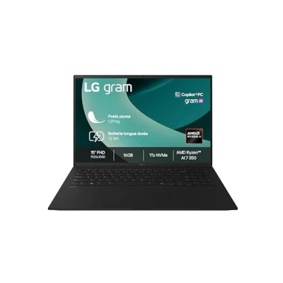 Image de LG Electronics PC Portable Gram 15,6&quot; 15Z80T G.AU78F 1,29kg, écran FHD Format 16:9, AMD Ryzen 7AI 350, RAM 16Go, SSD 1To NVMe, Radeon™ Graphics, Noir Obisidien