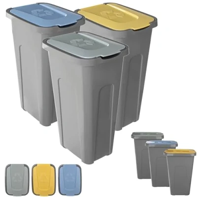 Image de KADAX Lot de 3 poubelles 30 l pour système tri des déchets, poubelle en plastique avec couvercle à charnière (jaune, vert, bleu)
