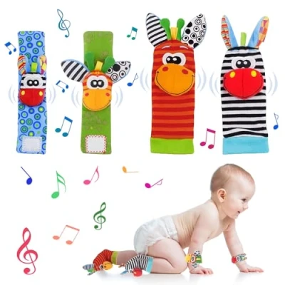 Image de MHDUYEG Bébé Poignet et Chaussettes Hochet Jouets 4 Pièces Sensoriels,Hochet Bebe,Jouet Bebe 3 Mois Jouet Sensoriel pour Filles Garçons