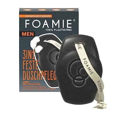 Image de Foamie Gel douche et shampooing solide pour homme au charbon actif bois de rose, fixe 3 en 1 nettoyant du visage puissant parfum boisé, soin la peau les cheveux, 90 g