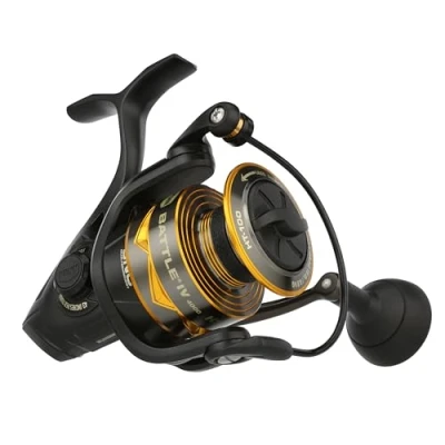 Image de PENN Moulinet Spinning Battle® IV, pêche en Eau salée, au Poisson de mer, Aluminium, Robuste, ambidextre, 4000 Haute Vitesse, Taille 7.0:1, Noir, Or et fumé