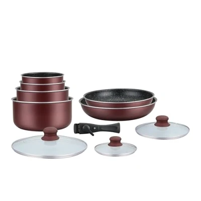 Image de HAGEN, Batterie de cuisine Revêtement pierre, Manche amovible, 10 pieces, Bordeaux, anti adhésif, Tous les types feux, y compris l&#039;induction, HA04647