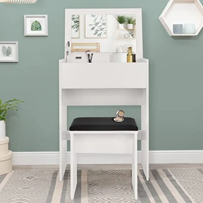 Image de ML Design Coiffeuse Moderne avec Miroir Pliable et Tabouret Noir, 60x40x122 cm, MDF Blanc, Table de Maquillage Plateau Rabattable, Grande d&#039;Espace Rangement, pour Chambre à Coucher Dressing