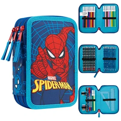 Image de Marvel Trousse Scolaire Garcon, Compartiments Garnie Fourniture Scolaire, Feutre, Crayon de Couleur, Cadeau Spiderman Avengers Rentrée Primaire (Spiderman Triple Zip)