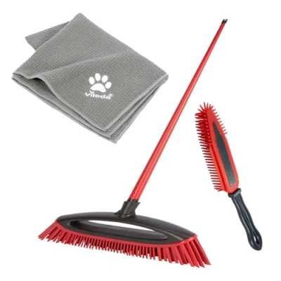 Image de Vileda Pet Pro Kit complet avec balai Always Clean, brosse électrostatique et serviette en microfibre XL pour nettoyer les poils d&#039;animaux, sécher animaux de compagnie, toutes surfaces