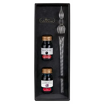 Image de Jacques Herbin 29301T Coffret avec 2 encres10 ml, Perle noire et Poussière de lune une plume verre transparente Fabriqué en France
