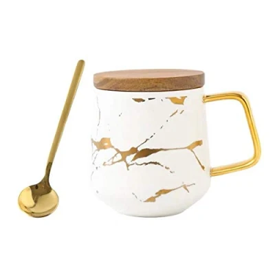 Image de YBK Tech Ensemble de tasses à thé en porcelaine pour l&#039;après midi Motif marbre (blanc, 400 ml + couvercle bois)