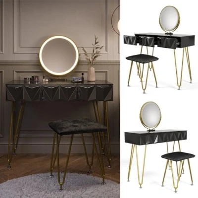 Image de Vicco Coiffeuse Ruby, Noir Haute Brillance, 100 cm avec Miroir LED et Tabouret
