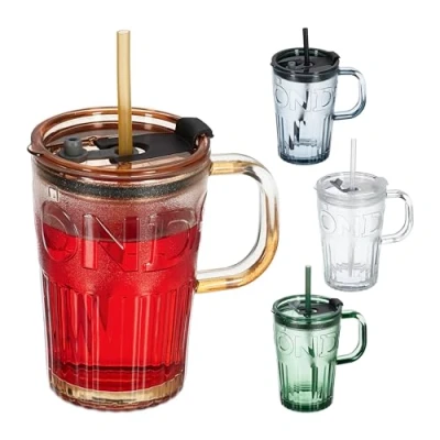 Image de Relaxdays Jarre avec Paille, Couvercle et Anse, lot Pratique de 4, Volume : 450 ML, pour Votre Smoothie, Multicolore