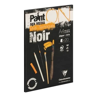 Image de Clairefontaine 975169C Bloc Collé PaintON Multi techniques 20 Feuilles Papier Dessin au Grain Légèrement Rugeux Noir A4 21x29,7 cm 250g