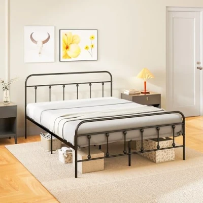 Image de Cadre de lit HOMCOM 140 x 200 cm 2 personnes en acier sommier à lattes tête rangement sous le noir