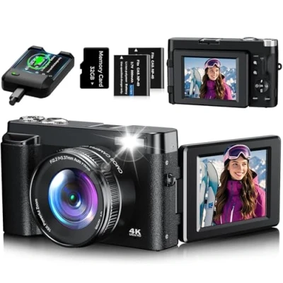 Image de Appareil Photo Numérique 4K, Compact 48MP avec Zoom 16X, écran Rabattable à 180avec Autofocus, Carte mémoire 32G, 2 Batteries pour débutants（Noir）