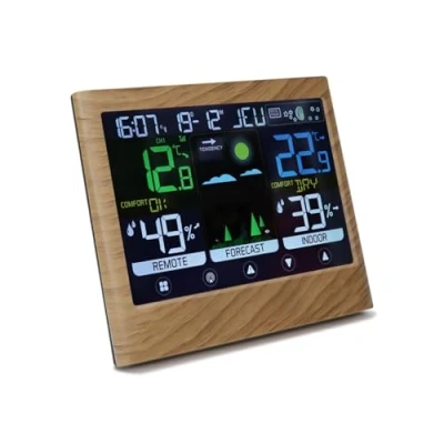 Image de mooov 477534 Station Météo intérieur avec capteur extérieur Temperature, Taux Humidité, Phases Lune, Prévisions Meteo Fonction Réveil Effet Bois Marron