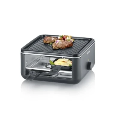 Image de SEVERIN Raclette Gril 4 personnes, Appareil à compact, Mini avec Plaque Anti adhésive 24 X cm, Inclus Poêlons et Spatules clipsables, Noir, RG 2360