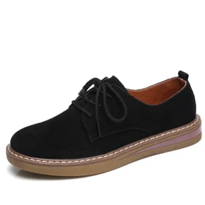 Image de FM2018XSL Chaussures Plat Femme Décontractées Simples Loafers en Cuir pour à Lacets (Noir Taille 37)