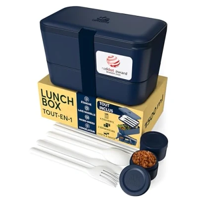 Image de Umami Bento Lunch Box, Couverts &amp; 2 Pots à Sauce Inclus, Boîte Bento, Lunchbox Micro Ondable, Adulte Encastrable, Repas 4 Compartiments,