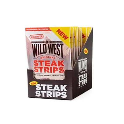 Image de Wild West Steak Strips, 16 x 25 g de viande boeuf déshydratée, bœuf Jerky haute protéine, collation protéinée