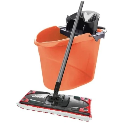 Image de Vileda Ultramat Kit complet de nettoyage sol, 2 en 1, composé balai à plancher et seau avec essoreur PowerPress intégré, 1400 g, corail