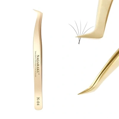 Image de NAGARAKU Pince à épiler pour extensions de cils or incurvé volume coudé en acier inoxydable lumière précision （N 04）