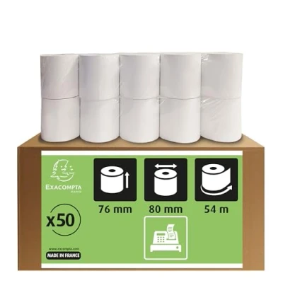 Image de Exacompta Réf. 7680120V Carton de 50 bobines pour tickets caisse largeur 76 mm x diamètre 80 mandrin 12 1 pli offset extra blanc 60g/m² Métrage (+ ou 2m) : 54 m