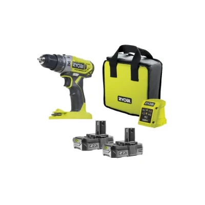 Image de RYOBI Perceuse à percussion compacte 18V ONE+ 40 Nm mandrin 10 mm + 2 batteries 2,0 Ah, chargeur, sac R18PD2 220S