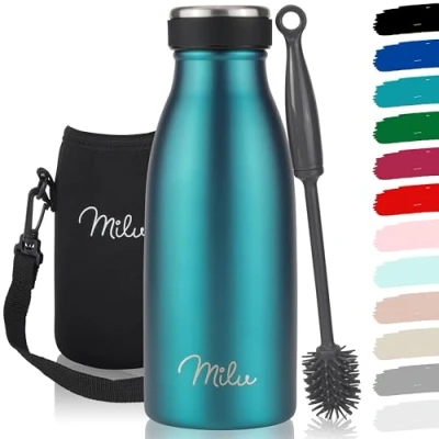 Image de Milu Gourde en acier inoxydable 350 ml 500 ml, 750 1000 1,5 l bouteille isotherme, d&#039;eau isolée, double paroi anti fuite, convient aux acides carboniques (Vert, 350ml)