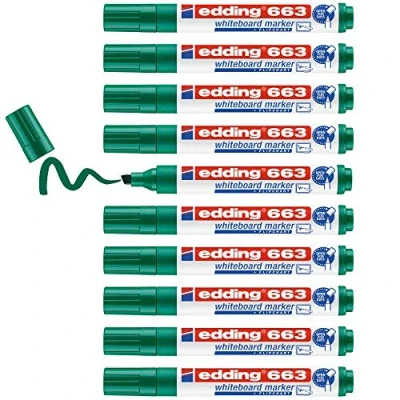 Image de edding 663 Marqueur pour tableaux blancs vert 10 stylos pointe biseautée 1 5 mm feutre effaçable tableaux, blanc, magnétique, mémo et chevalet de conférence sketchnotes rechargeable