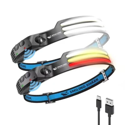 Image de Smiling Shark Lampe Frontale, 2 Pièces 230Angle Large 3*LED Bandes Lumineuses Multi Couleurs Rechargeable et Capteur de Motion Étanche pour le Camping la Randonnée, Frontale LED Light