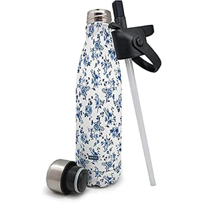 Image de Nerthus Bouteille Isotherme Double paroi en Acier Inoxydable avec Bouchon Pajita Motif Fleurs Bleues 500 ML