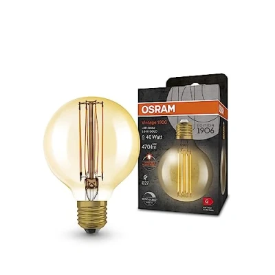 Image de OSRAM Lampe à LED Vintage 1906 avec teinte dorée, 5,8W, 470lm, forme de bille 80 mm diamètre et prise E27, couleur lumière blanche chaude, filament droit, dimmable durée vie