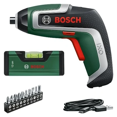 Image de Bosch Home and Garden Compact Visseuse sans Fil Ixo level Set (7E Génération, 3,6 V, 2,0 Ah avec Mini Niveau à Bulle et Câble Micro Usb, Compatible Adaptateurs de L’Ixo, 190 Vis Par Charge)