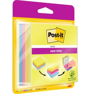 Image de Cube de notes Super Sticky Post it &quot;Easy Select&quot;, couleurs assorties, 76 x mm, 75 feuilles/bloc, 4 blocs/paquet