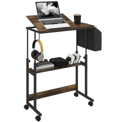Image de HOMCOM Bureau réglable en Hauteur, 92 x 40 cm, Table d&#039;ordinateur à roulettes, Plate Forme inclinable, Sac de Rangement, pour Bureau, Acier, Brun Rustique