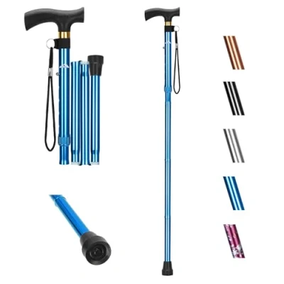 Image de supregear Canne Pliante, en Aluminium Pliable et Ajustable avec Poignée T Sangle de Poignet Antidérapante Aide à L&#039;équilibre la Mobilité pour Les Personnes âgées Handicapées