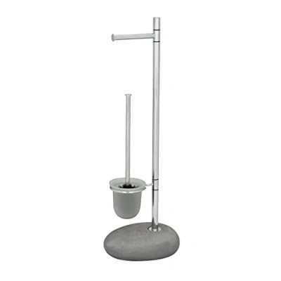 Image de WENKO Serviteur WC 2en1 Pebble Stone Distributeur Papier Toilette et brosse à tête remplaçable Porte en verre Pied aspect pierre Acier 23,5x70x19 cm Gris chromé