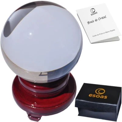 Image de ESOAS Boule de Cristal Voyance Divinatoire (8cm) avec Support en Bois, Idéale Cristallomancie, Divination et Medium [Garantie à Vie] + Guide PDF Offert