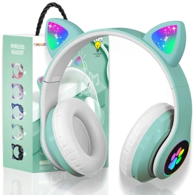 Image de OHAANYY Casque Bluetooth pour Enfants sans Fil,Casque Cat Pliable avec LED Flash Lumières Glow, 5.0 Microphone et Contrôle du Volume, Carte Slot PC/Tablettes/TV (Green)