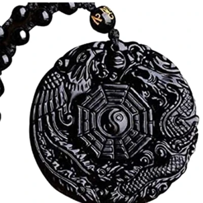 Image de PIERRETOILES Collier yin yang amulette, pendentif TAO, Bagua, trigramme, dragon et phenix, obsidienne