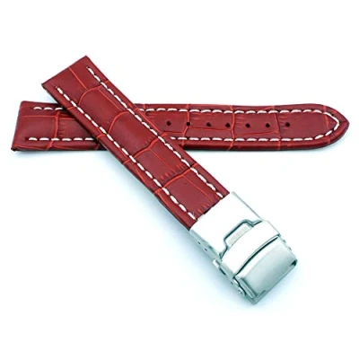 Image de Sulla Bracelet de montre Alligator en cuir véritable avec boucle déployante acier inoxydable Coutures blanches, rouge, 20mm, lanière