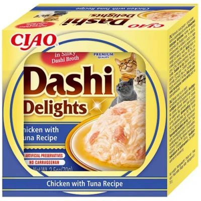 Image de INABA Dashi Delights Morceaux dans Un Bouillon de Flocons bonite au Poulet &amp; Thon 1 x 70g Topping Riche en protéines Ingrédients naturels Délicieux et sain Pâtée pour Chat