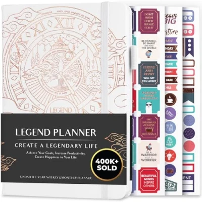 Image de Legend Planner Meilleur agenda hebdomadaire et calendrier mensuel pour augmenter la productivité, atteindre les objectifs gérer le temps maître A5, non daté Blanche, Feuille d&#039;or