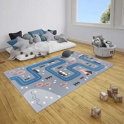 Image de HANSE Home Chambre d&#039;enfant Dream Street Tapis Moderne à Poils Courts Motif Rue de Jeu Facile d&#039;entretien Gris Bleu, 80 x 150 cm, Polypropylène (PP), cm