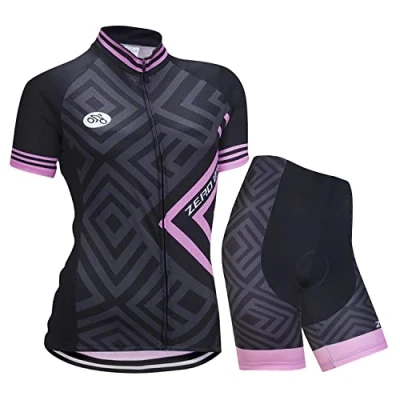 Image de Femmes Vélo Cyclisme Respirant à séchage Rapide Maillots Set, Jersey Cycle Manches Courtes Veste + 3D Coussin Rembourré Serré Shorts Pantalon, S, Diamant Rose