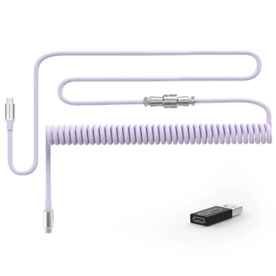 Image de MAMBASNAKE C04 Câble USB C Spiralé pour Claviers Mécaniques, avec Adaptateur vers C, Type Charging Double Sleeved Connecteur Aviateur 5 Pin, 4,92Pieds Violet