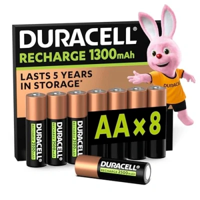 Image de Duracell Rechargeables Piles AA (lot de 8 piles), 1300 mAh NiMH, 2000 recharges, pré chargées, Puissance longue durée, un packaging recyclable 0% plastique