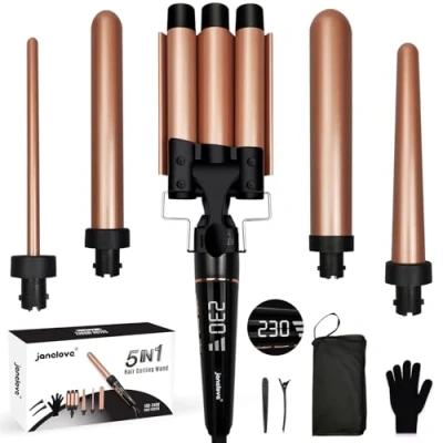 Image de Janelove Fer à Boucler 5 en 1 25mm Boucleur 3 tete pour beach waves, 80℃ 230℃ a Cheveux avec Affichage LCD, Céramique Friser Toutes les Coiffures