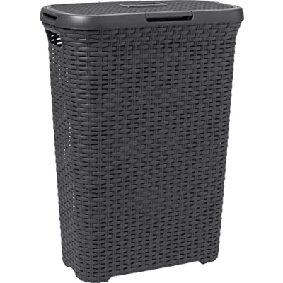 Image de CURVER Coffre à Linge Sale Style 40L avec Couvercle Aspect Rotin Texturé, Bonne Aération Poignées Ergonomiques Pour Salle de Bain ou Buanderie 44,7 x 26,5 61,5 cm Anthracite