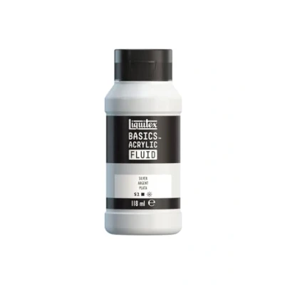 Image de Liquitex 8870420 Basics Fluid Peinture acrylique à consistance fluide, séchage rapide, résistante la lumière, imperméable, base d&#039;eau, Flacon de 118 ml, Argent